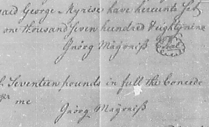 The signature of George Myrise in January 1789. The script has been likened to Suetterlin Script.